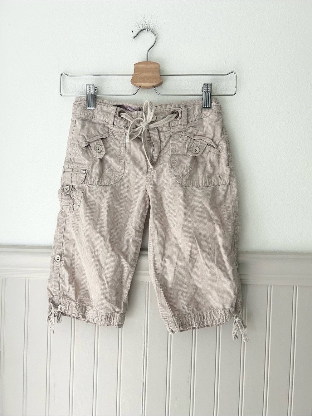 Y2K Justice Slim 12 Beige Cargo Capri Drawstring Shorts Cotton